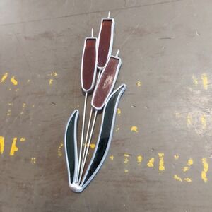 Vintage Handmade Stained Glass Cattails Suncatcher Amber Green Nature Decor 7"